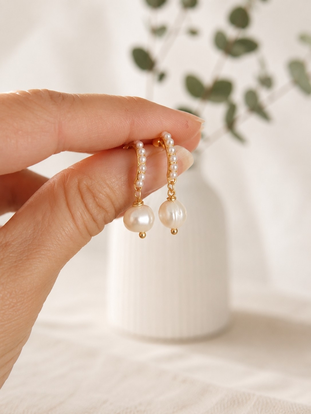 Gold Pearl Hoop Earrings with White Pearl Drops